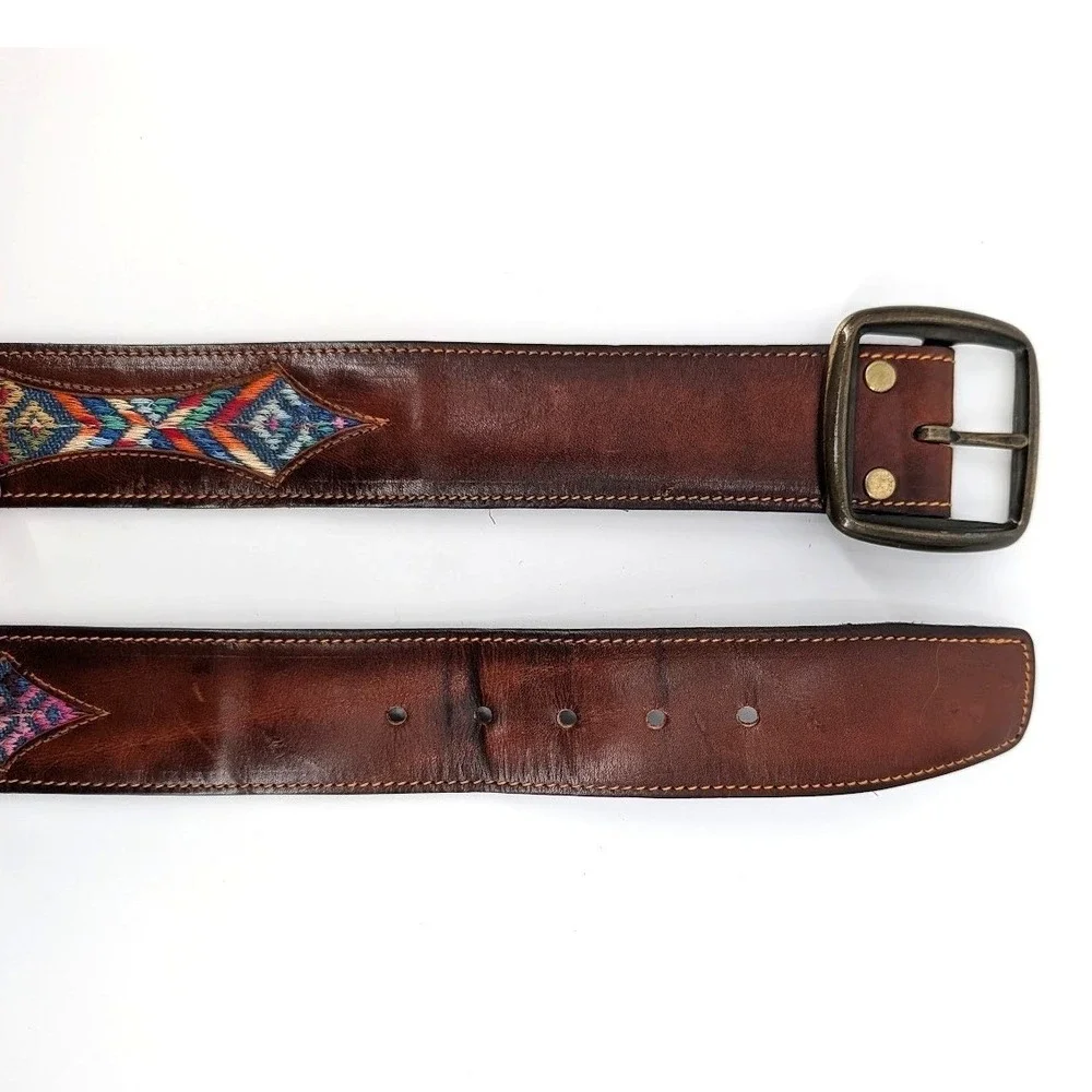 Vintage Leather Belt Lattigo Geometric Colorful Embroidered Inlay Brass 30